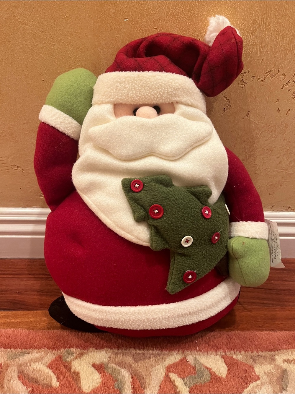Festive Red Santa Plush Holiday Decor with Green Tree Accent